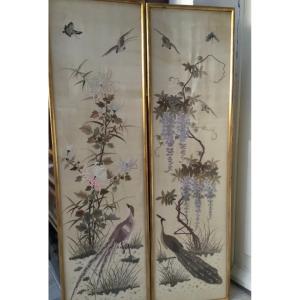 Pair Of Embroideries Decorated With Birds And Wisteria, China, Circa 1900