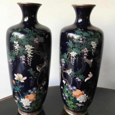 Paire de vases cloisonnés, monté Argent, JAPON, 1900