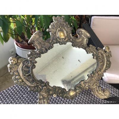 Italian Mirror, Repousse Silver Metal, (64 Cm) Nineteenth