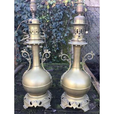Pair Of Large Oil Lamps In Golden Brass, Napoleon III Period