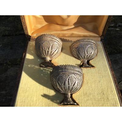 Three Zarf Ottomans Filigree Silver In Their Box, XIX