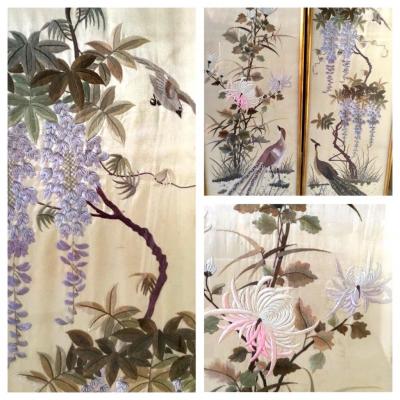 Pair Of Embroidery Decor Of Birds And Wisteria, China, Around 1900