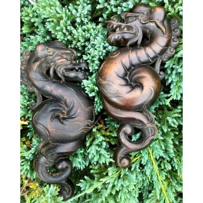 Paire De Dragons En Bois Sculptés D époque Napoléon III 
