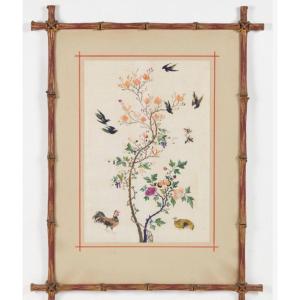 China Canton, Embroidery On Silk In A Frame Imitating Bamboo