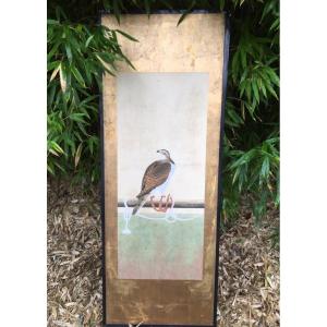 Large Japanese Panel The Bird Of Prey Gold Background