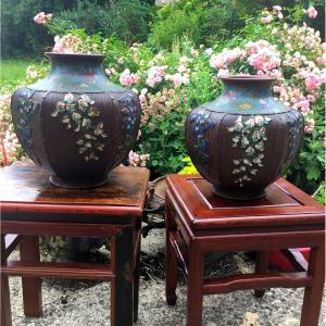 Imposante Paire De Vases En émaux Japonais Vannerie Et Glycines 