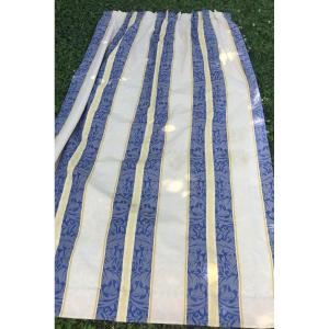 Pair Of Yellow And Blue Damask Pattern Double Curtains