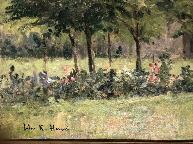 Jules René Hervé ( 1887-1981) huile/toile « Le jardin fleuri et l’église »-photo-1