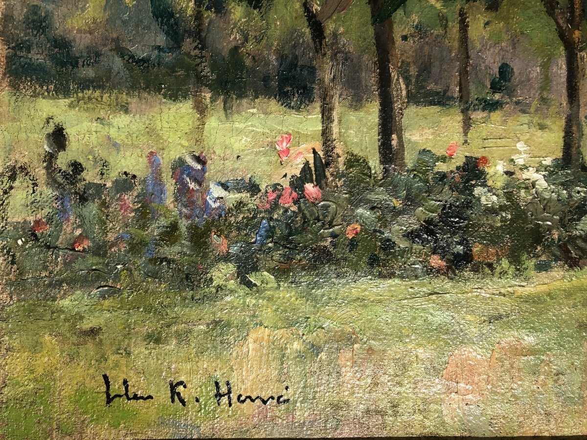 Jules René Hervé ( 1887-1981) huile/toile « Le jardin fleuri et l’église »-photo-2