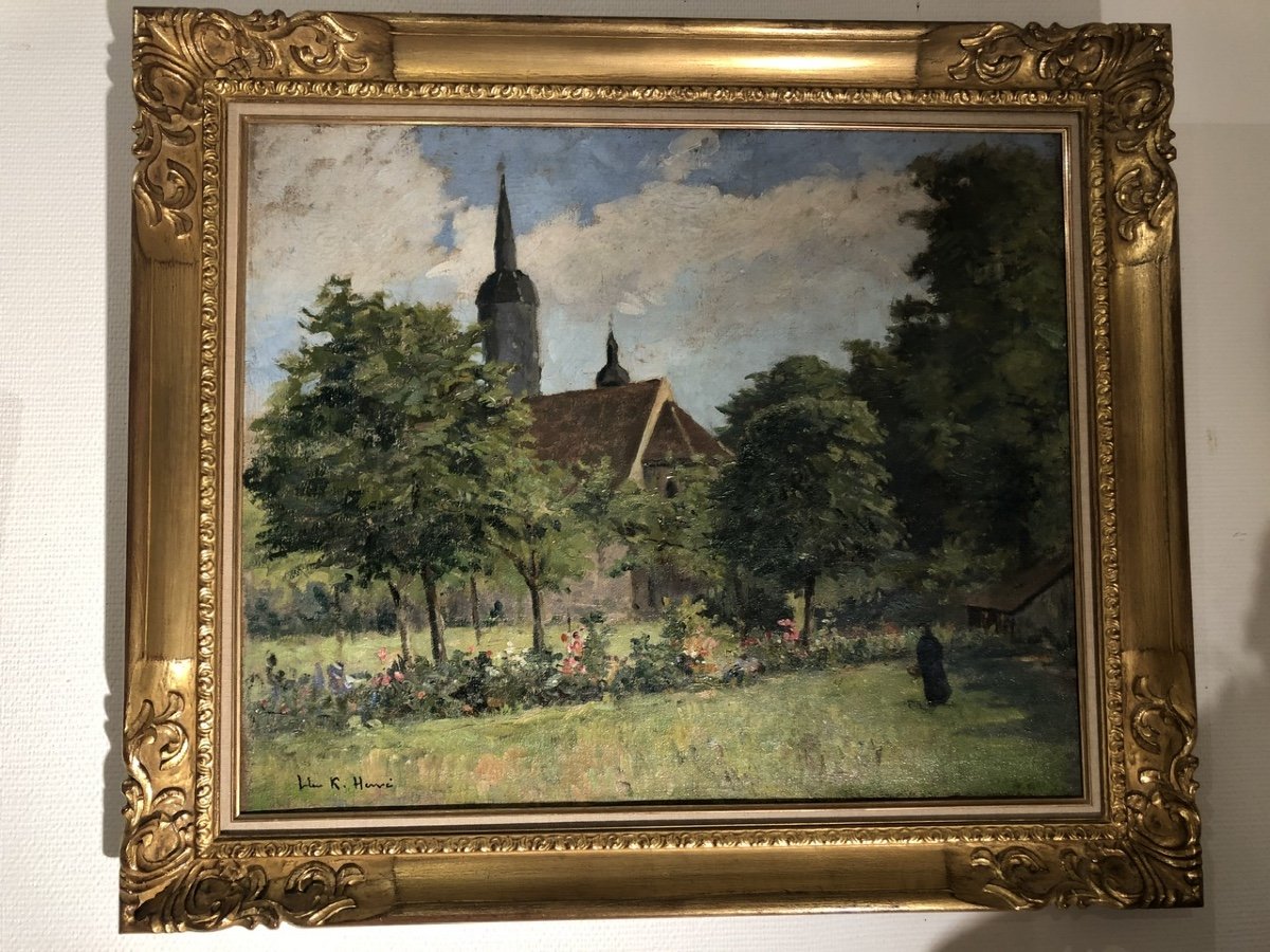 Jules René Hervé ( 1887-1981) huile/toile « Le jardin fleuri et l’église »