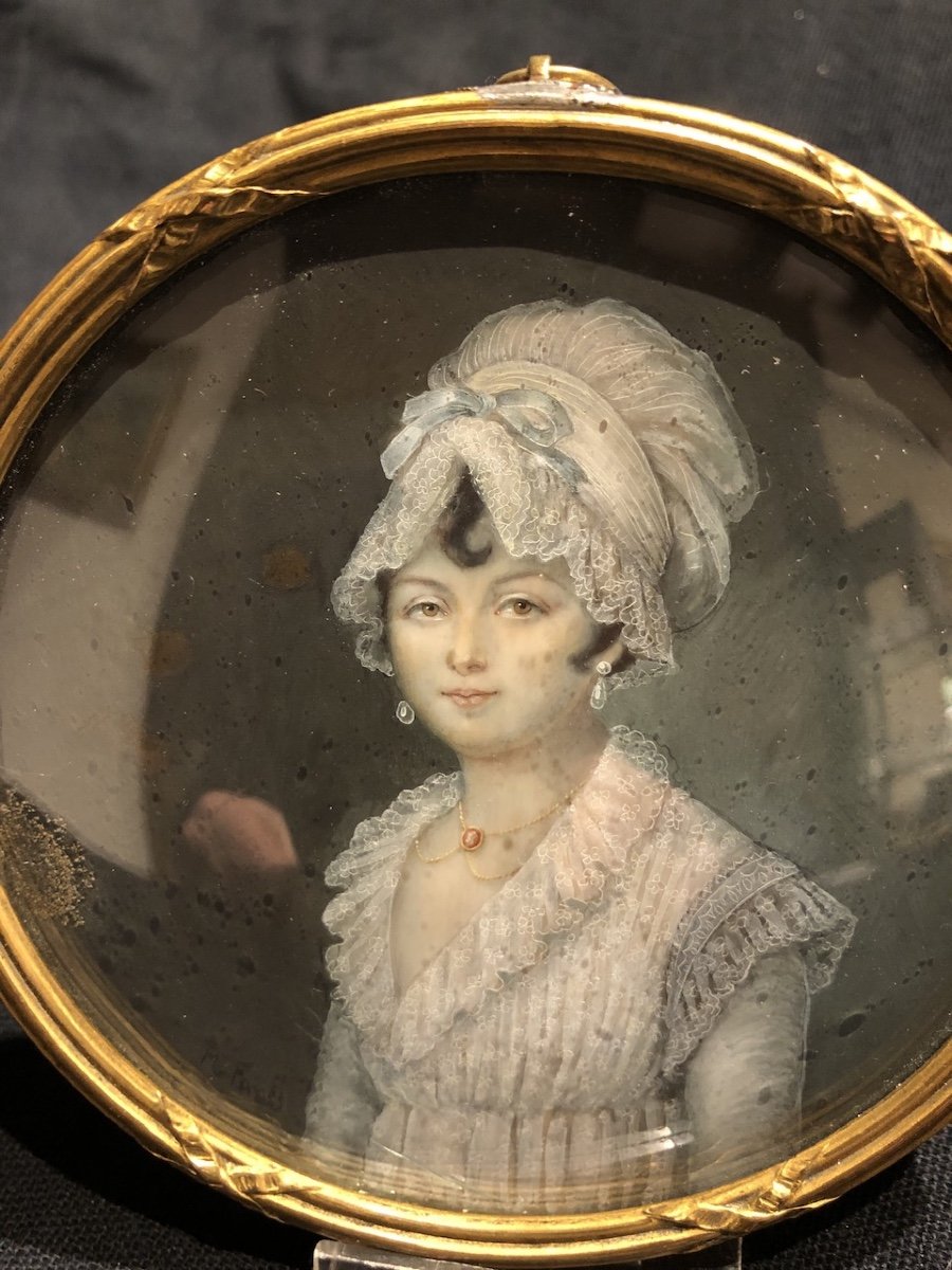 Grande Miniature : Portrait D’une Belle et Élégante Jeune   Femme  école Française Du XIX Eme -photo-4