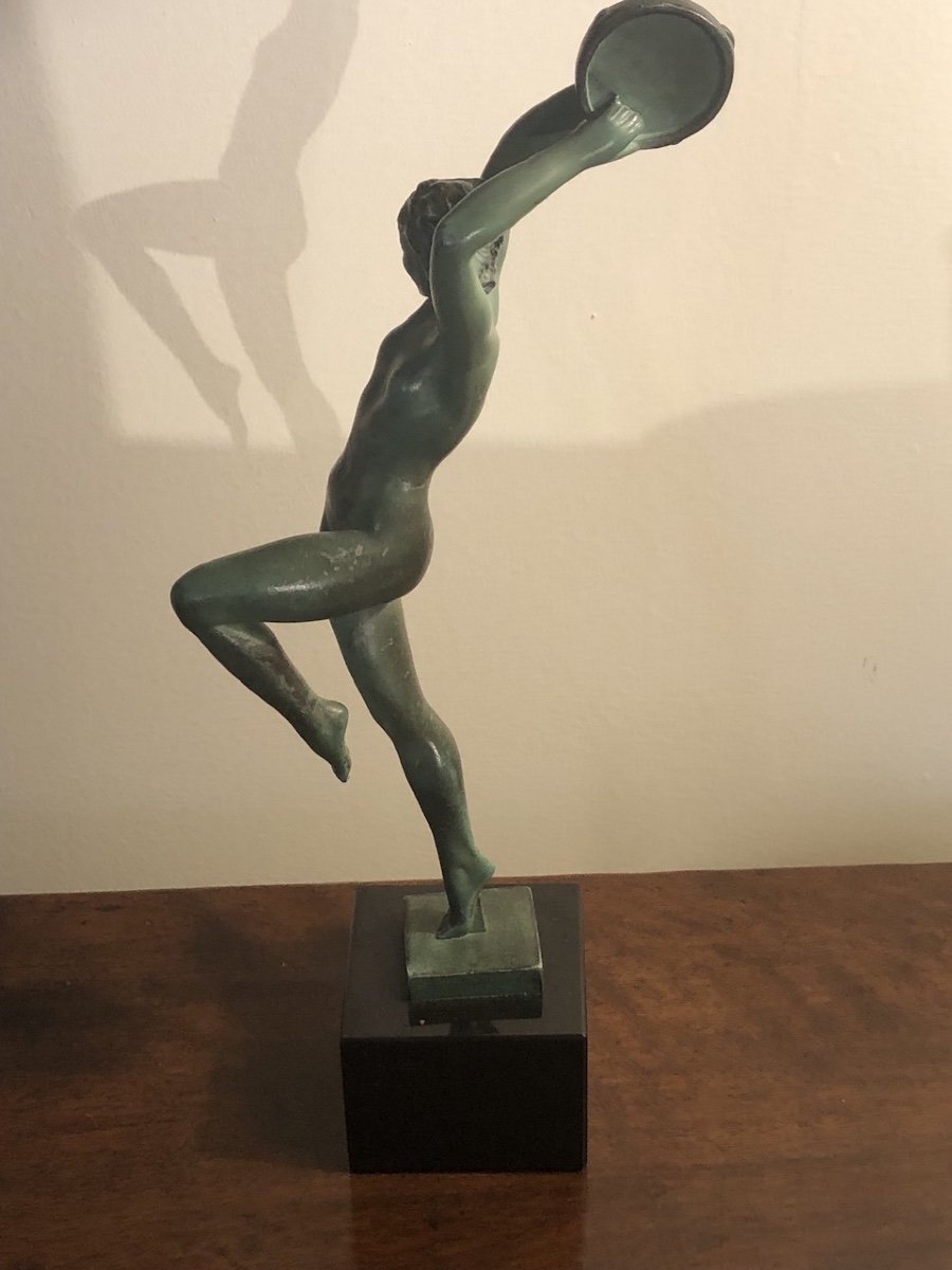 Raymonde Guerbe ( 1894-1995 ) « la Danseuse Nue Au Tambourin » Fonte D’art Patine Verte -photo-2