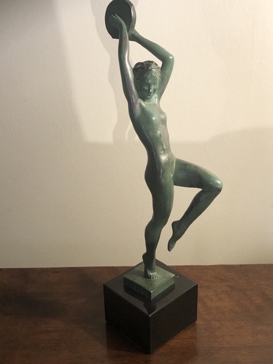 Raymonde Guerbe ( 1894-1995 ) « la Danseuse Nue Au Tambourin » Fonte D’art Patine Verte -photo-3