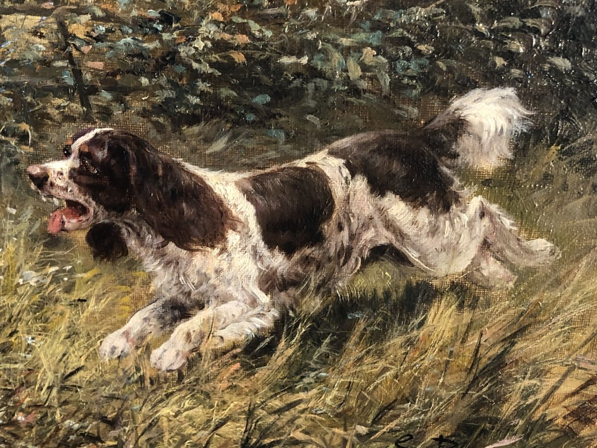 Eugène Petit ( 1839-1886) Two Springers Chasing A Hare »-photo-4