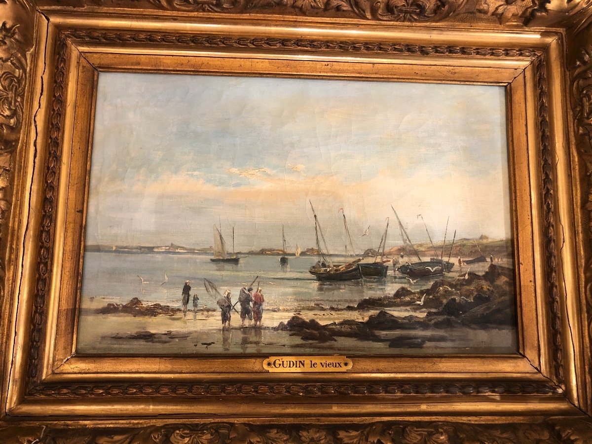 « le Retour De Pêche » Huile/toile Signée En Cartouche  « gudin Le Vieux » -photo-2