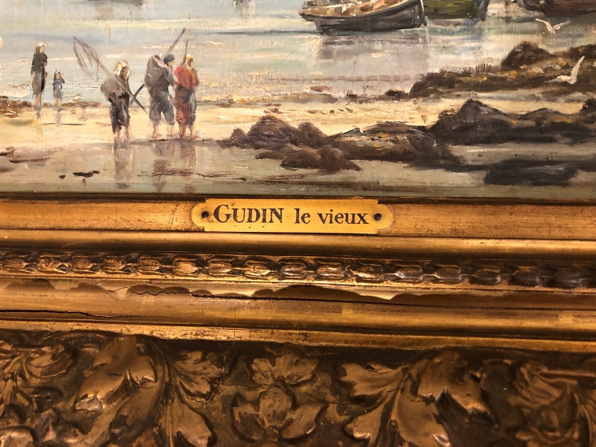 « le Retour De Pêche » Huile/toile Signée En Cartouche  « gudin Le Vieux » -photo-1