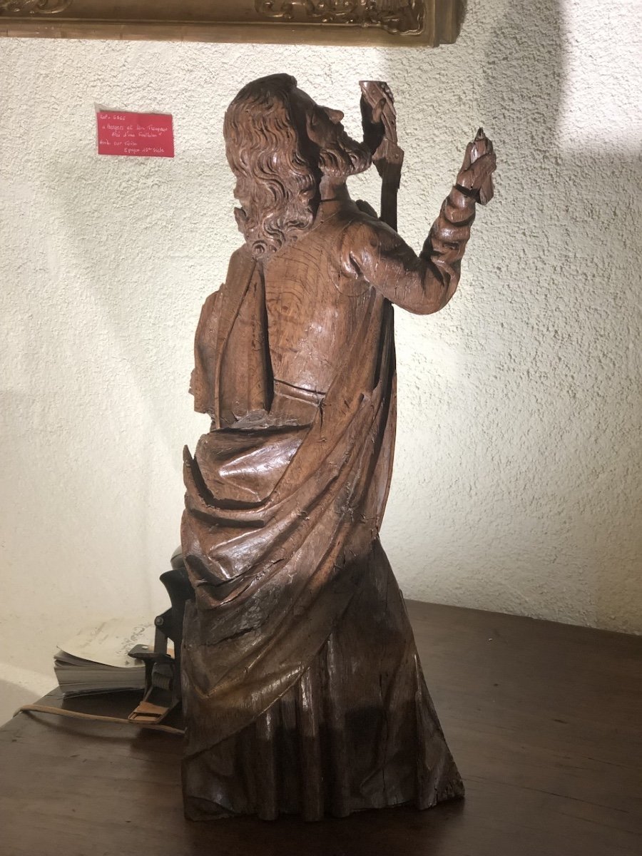 école Rhénane Vers 1500- Saint Personnage en Bois De Chêne Sculpté 