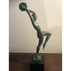 Raymonde Guerbe ( 1894-1995 ) « la Danseuse Nue Au Tambourin » Fonte D’art Patine Verte 