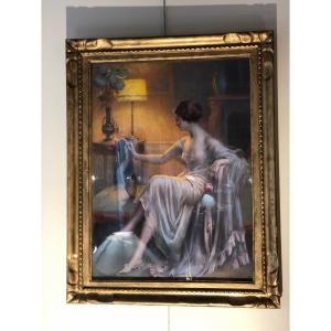 Delphin Enjolras ( 1857-1945 ) École Française des XIX -XX éme «  Jeune Femme à sa toilette ) 