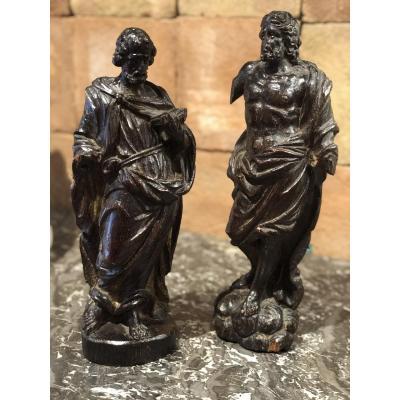 Pair Of Saints In Carved Oak Wood Era 18 Eme Century