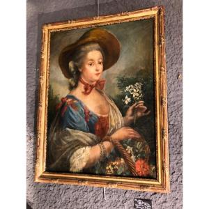 « portrait « d’une Jeune Femme Ramassant Des Fleurs » Huile Sur Toile Epoque XVIII Eme Siècle 