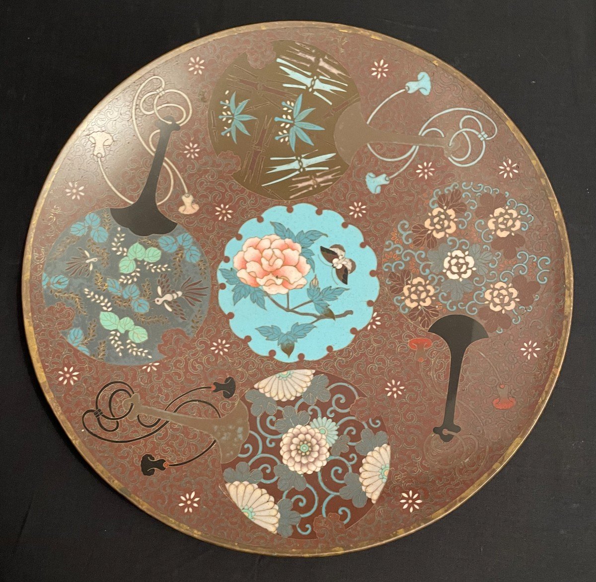 Japan Cloisonne Enamel Dish Decor Fans Flowers And Butterfly Meiji Period Late 19th Century