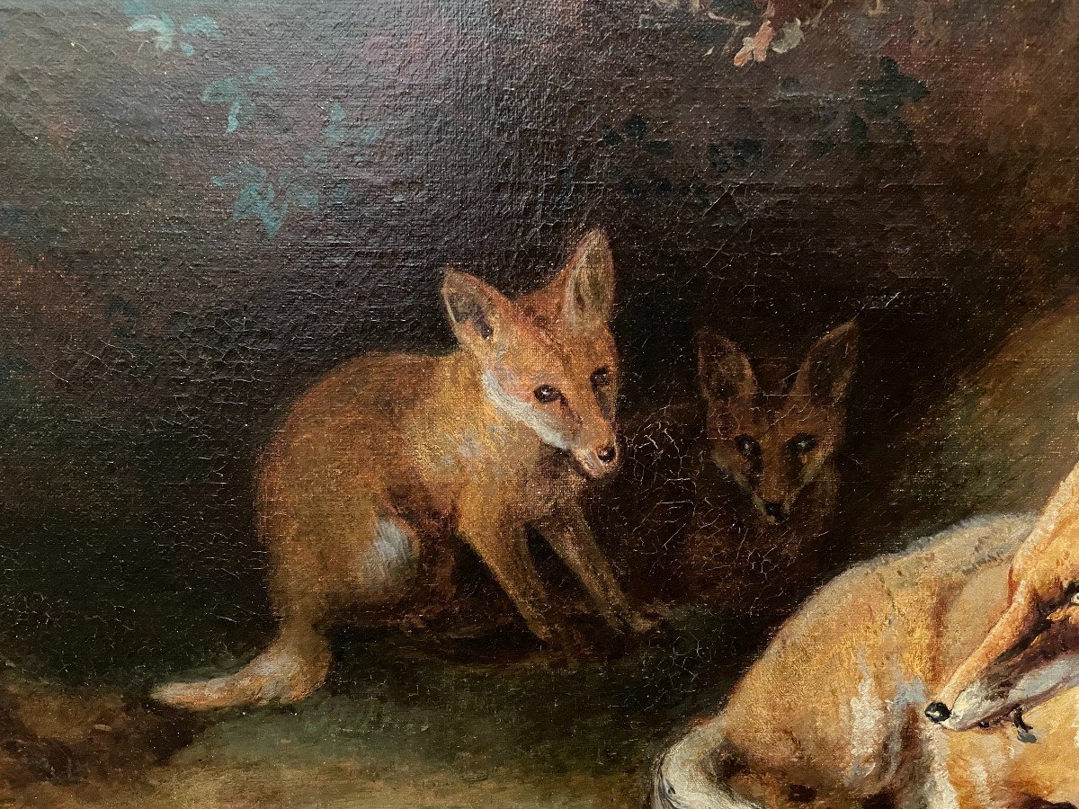 Painting Family Of Foxes After Jacques Brascassat  Nineteenth Century-photo-3