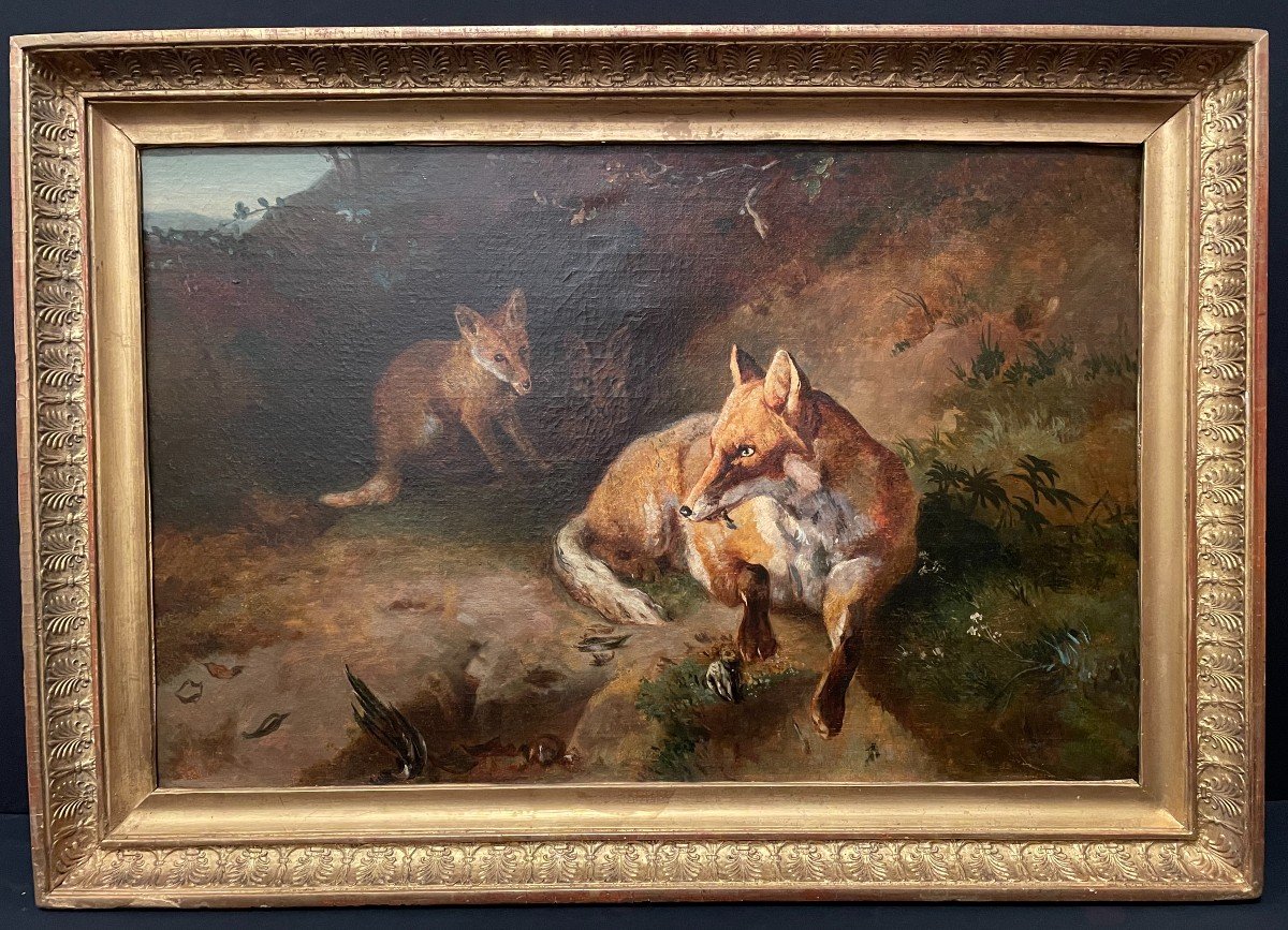 Painting Family Of Foxes After Jacques Brascassat  Nineteenth Century