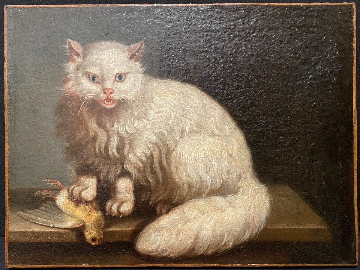 Tableau Le Chat Angora Et Le Serin Par Jacques Barthélémy Delamarre XVIIIème-photo-2