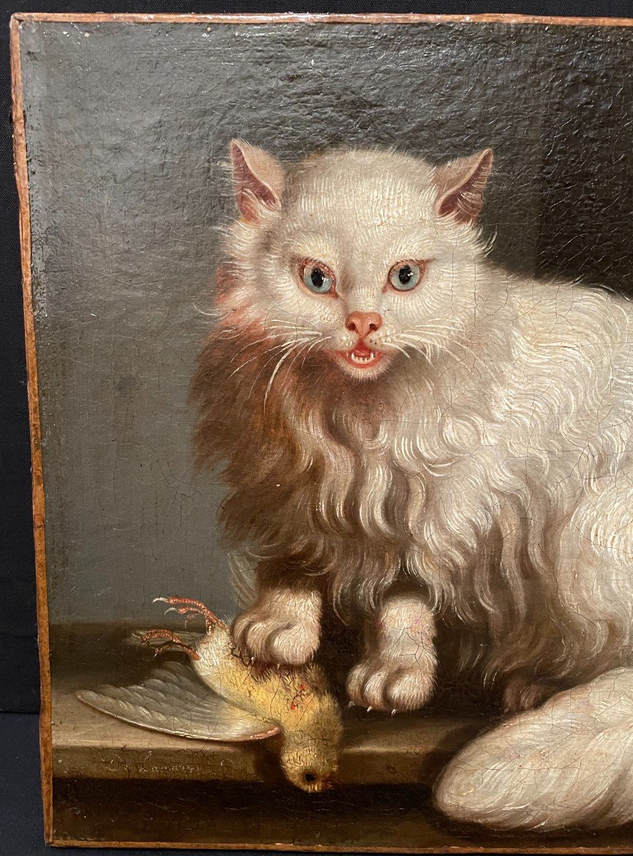 Tableau Le Chat Angora Et Le Serin Par Jacques Barthélémy Delamarre XVIIIème-photo-3