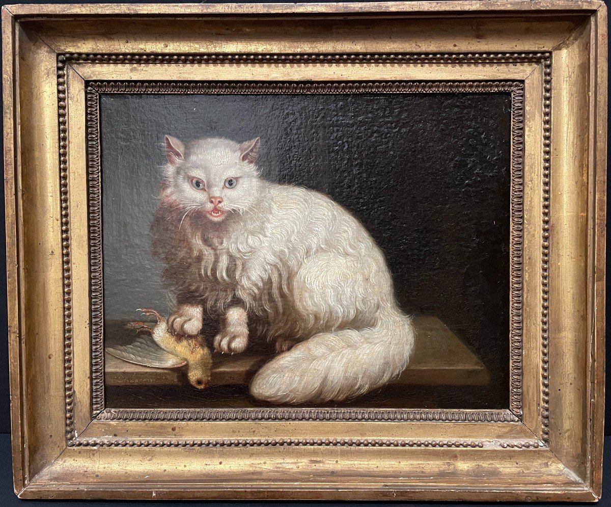 Tableau Le Chat Angora Et Le Serin Par Jacques Barthélémy Delamarre XVIIIème