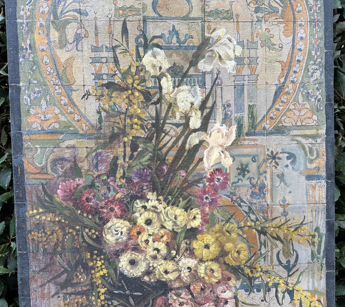 Très Grand Tableau Orientaliste Bouquet De Fleurs Par C Boucher Tunis 1897 190 x 80 cm-photo-3