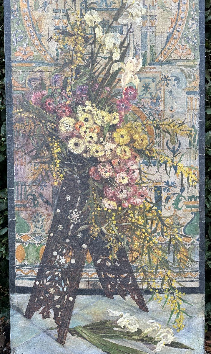 Très Grand Tableau Orientaliste Bouquet De Fleurs Par C Boucher Tunis 1897 190 x 80 cm-photo-3