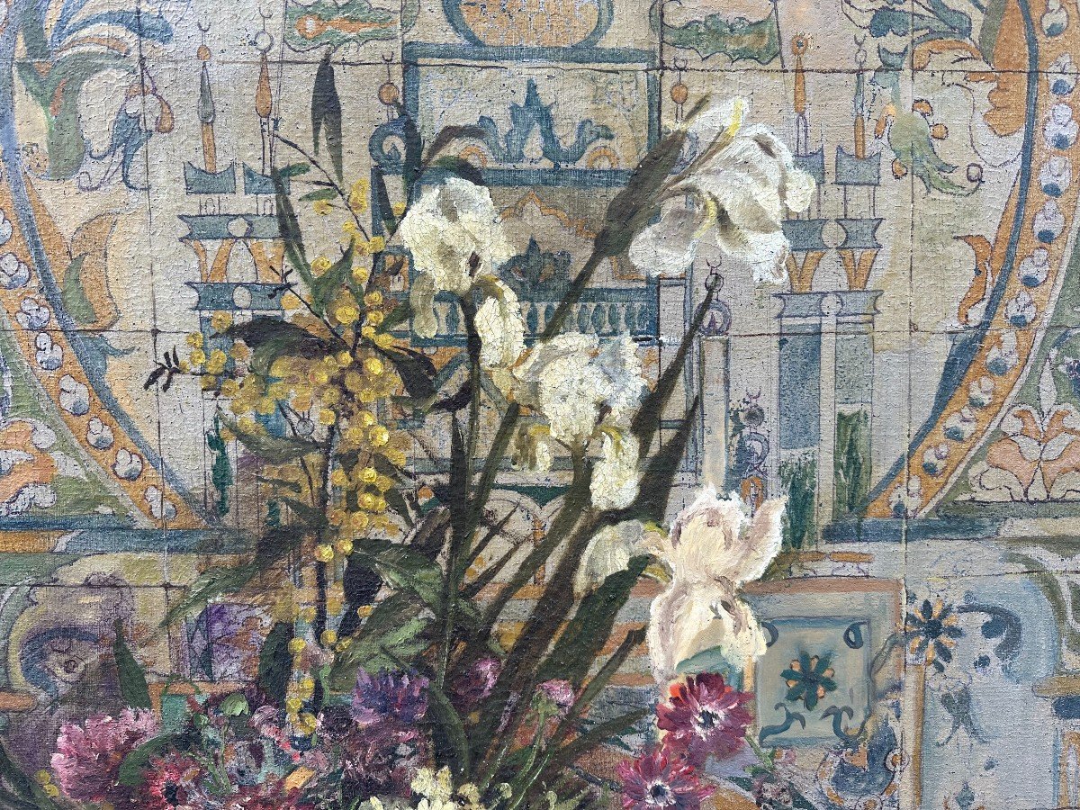 Très Grand Tableau Orientaliste Bouquet De Fleurs Par C Boucher Tunis 1897 190 x 80 cm-photo-4