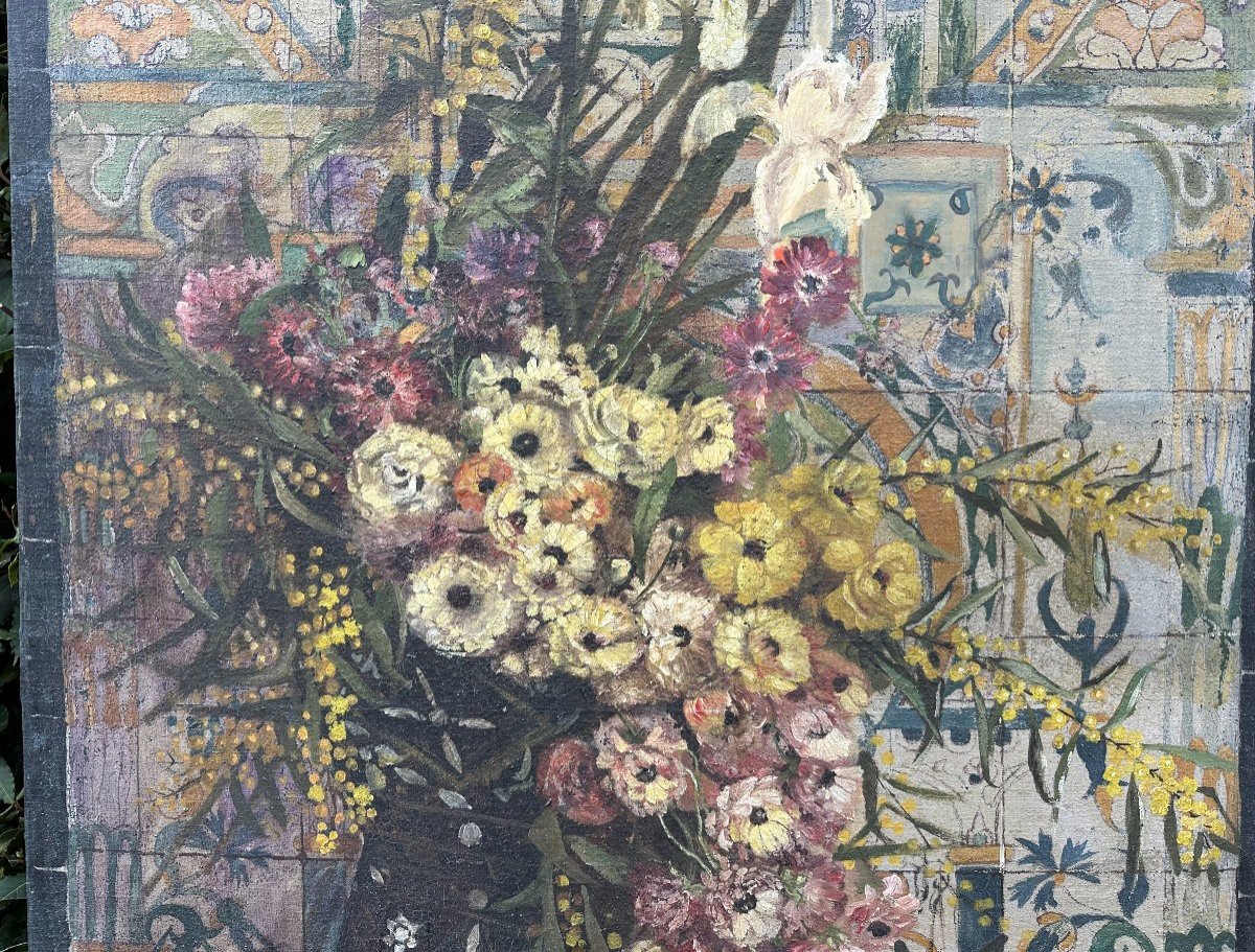 Très Grand Tableau Orientaliste Bouquet De Fleurs Par C Boucher Tunis 1897 190 x 80 cm-photo-5