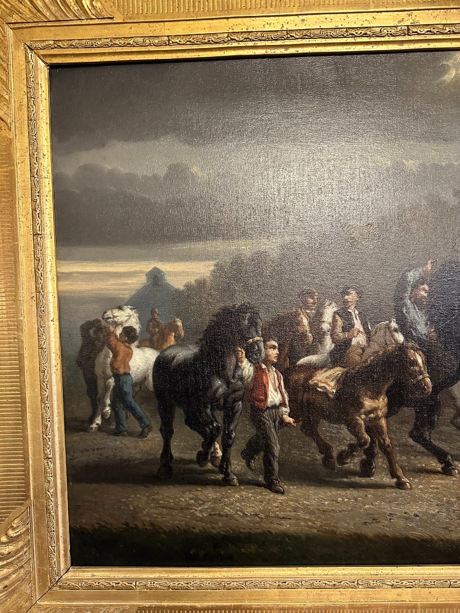 Grand Tableau Le Marché Aux Chevaux d'Après Rosa Bonheur 103x58 Cm XIXème-photo-3