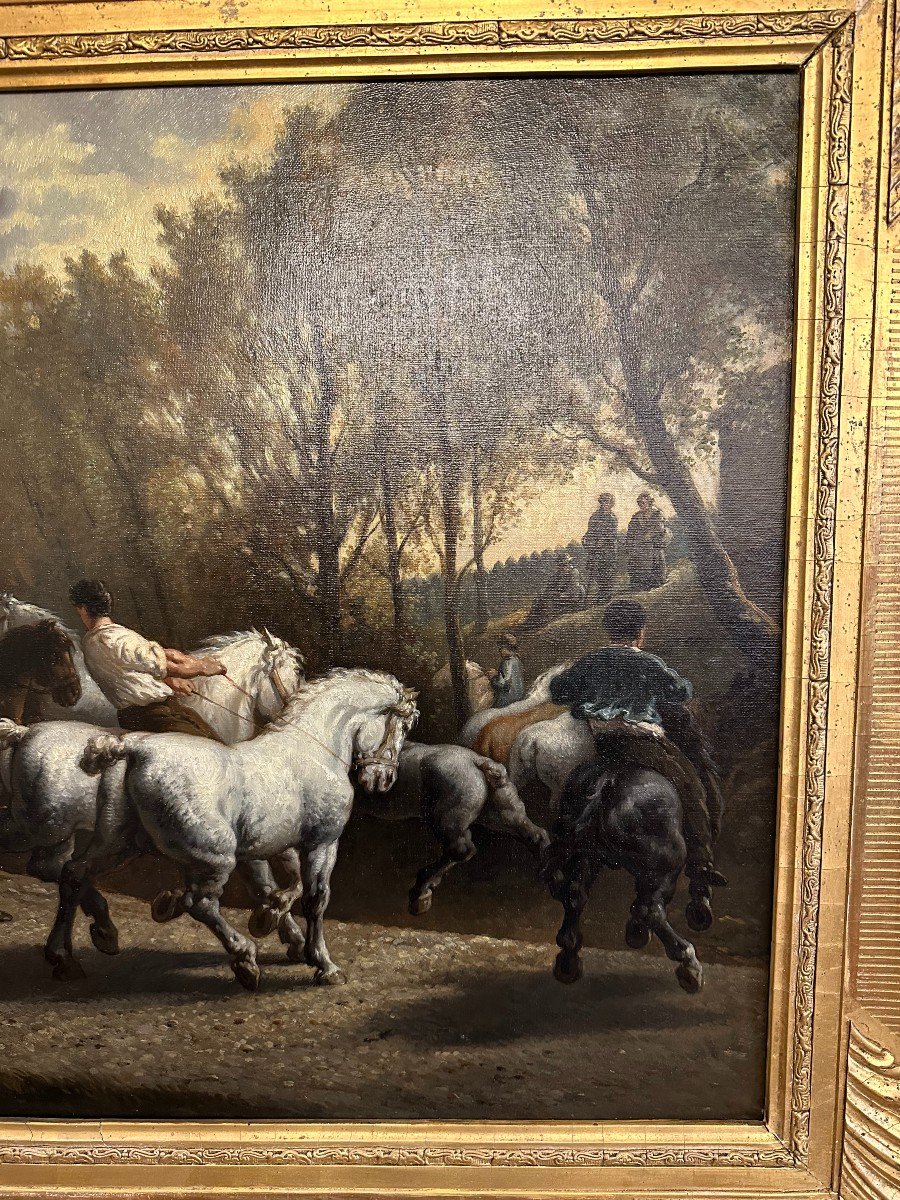 Grand Tableau Le Marché Aux Chevaux d'Après Rosa Bonheur 103x58 Cm XIXème-photo-2