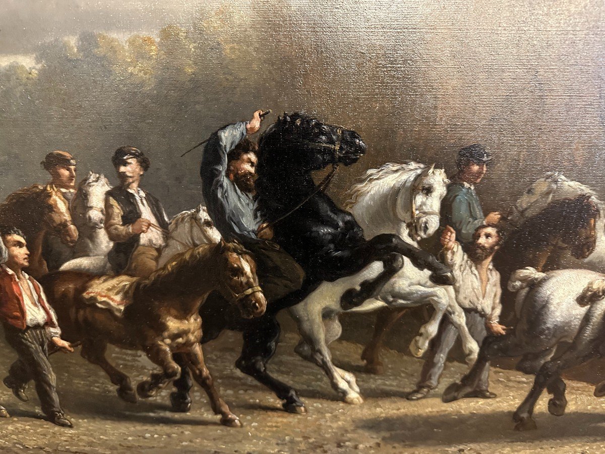 Grand Tableau Le Marché Aux Chevaux d'Après Rosa Bonheur 103x58 Cm XIXème-photo-4