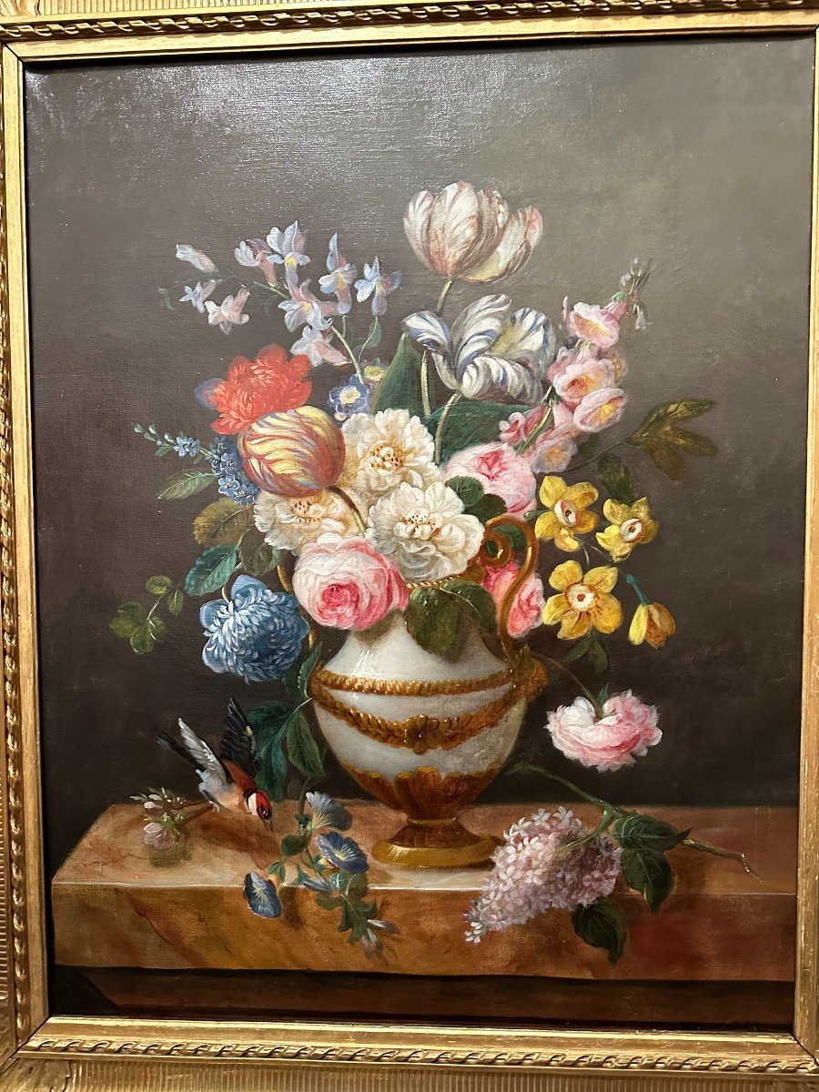 Grand Tableau Nature Morte Aux  Fleurs Et Au Chardonneret Vers 1830 .-photo-2