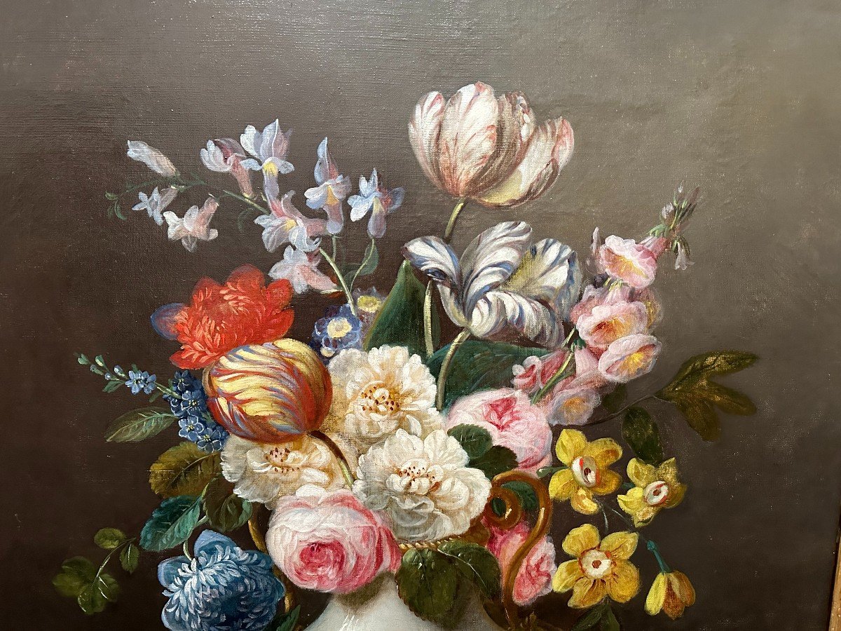 Grand Tableau Nature Morte Aux  Fleurs Et Au Chardonneret Vers 1830 .-photo-3