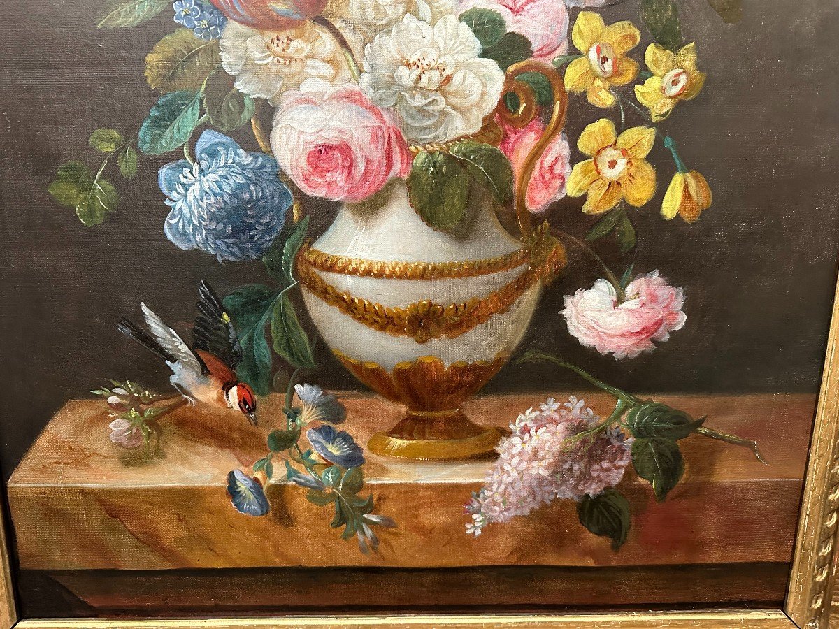 Grand Tableau Nature Morte Aux  Fleurs Et Au Chardonneret Vers 1830 .-photo-1