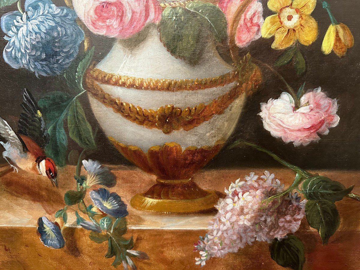 Grand Tableau Nature Morte Aux  Fleurs Et Au Chardonneret Vers 1830 .-photo-7