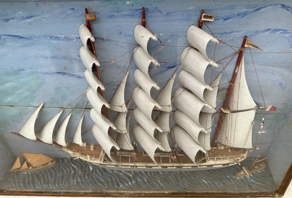 Large Diorama Four-masted Sailboat Sails In Bone And Hull Exotic Woods Nineteenth Century-photo-2