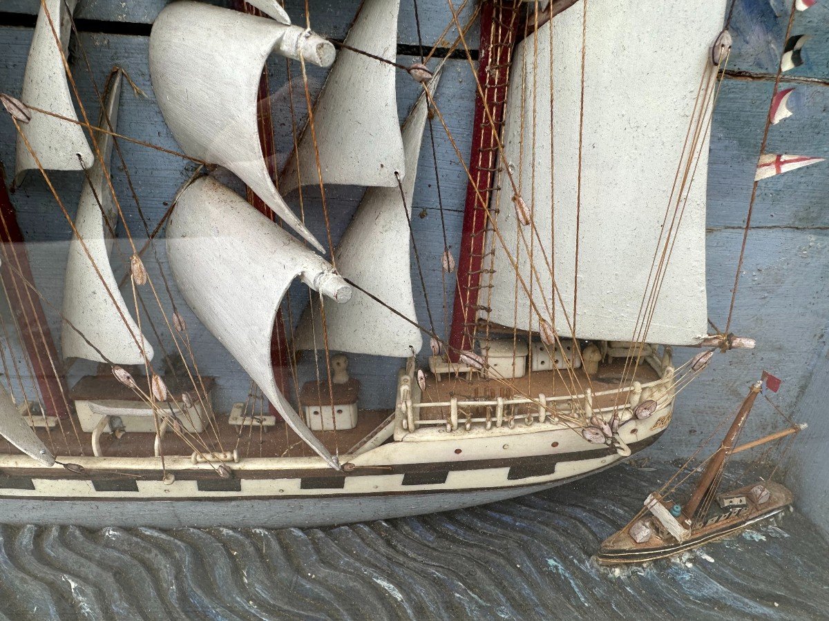 Large Diorama Four-masted Sailboat Sails In Bone And Hull Exotic Woods Nineteenth Century-photo-4