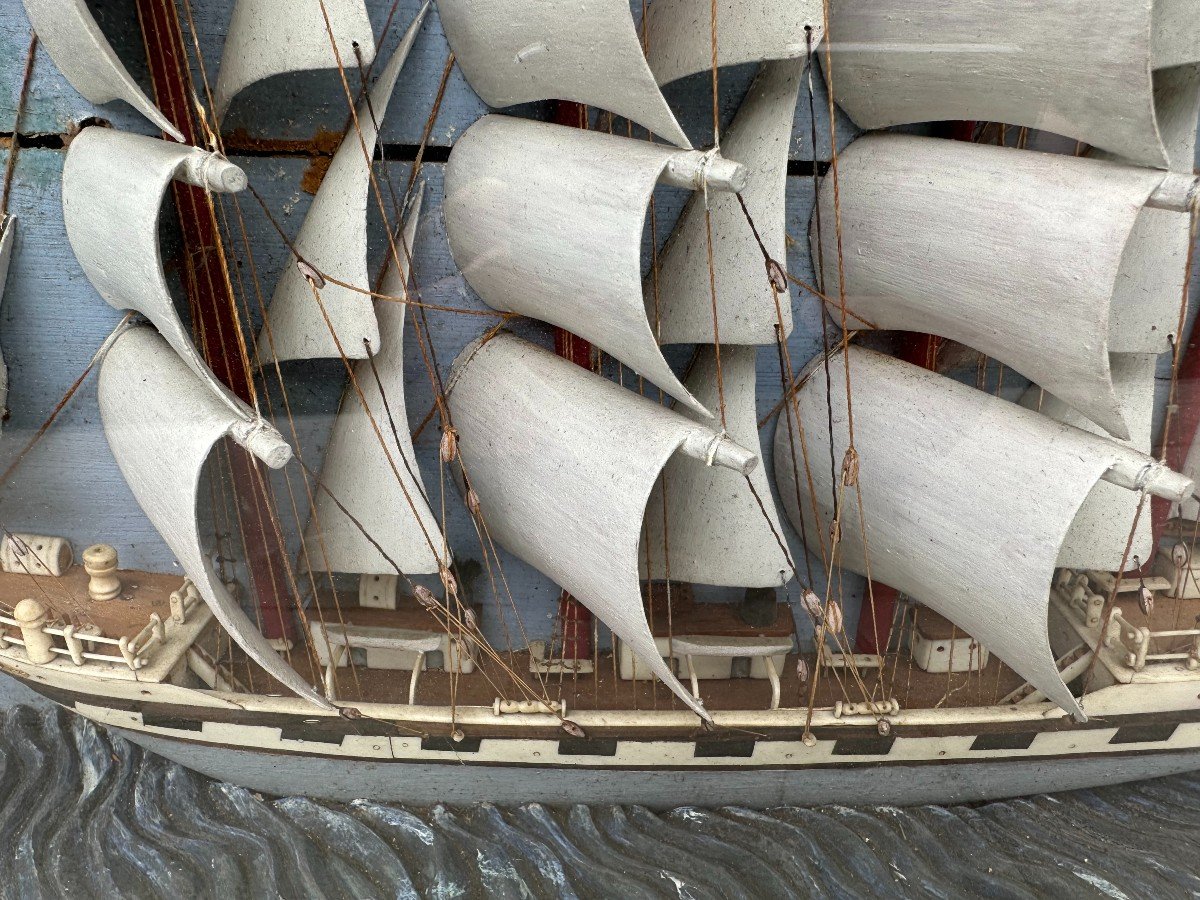 Large Diorama Four-masted Sailboat Sails In Bone And Hull Exotic Woods Nineteenth Century-photo-1