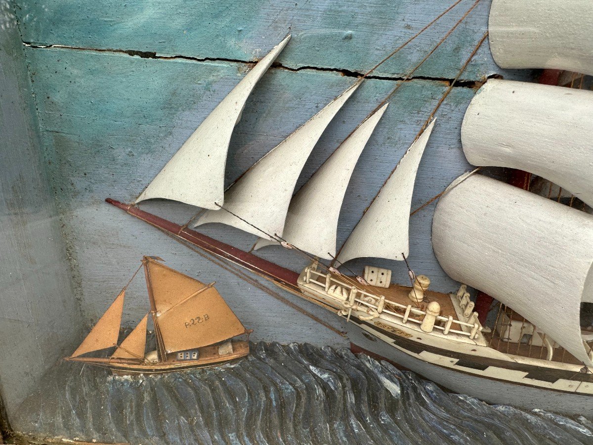 Large Diorama Four-masted Sailboat Sails In Bone And Hull Exotic Woods Nineteenth Century-photo-2