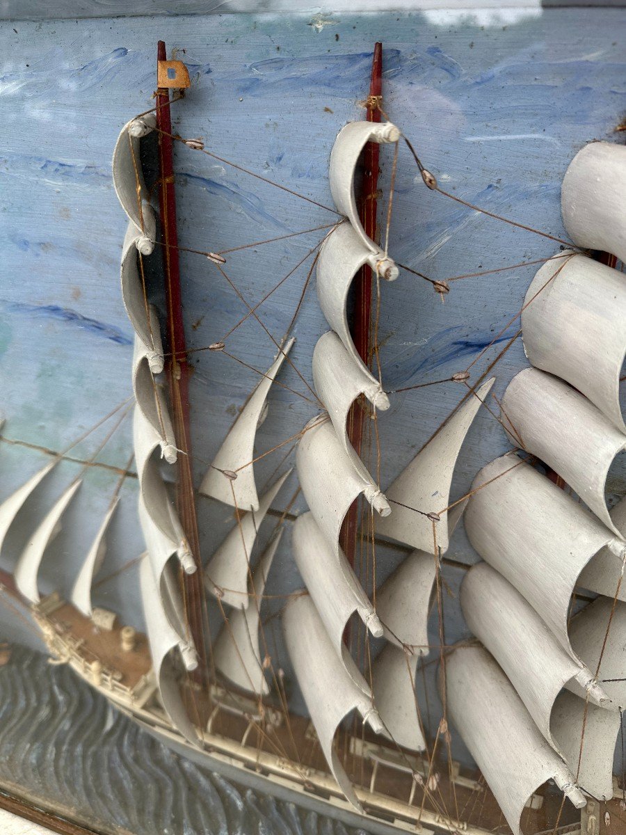 Large Diorama Four-masted Sailboat Sails In Bone And Hull Exotic Woods Nineteenth Century-photo-3