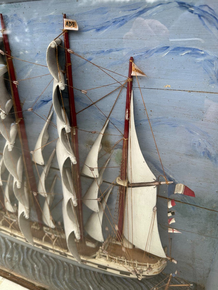 Large Diorama Four-masted Sailboat Sails In Bone And Hull Exotic Woods Nineteenth Century-photo-4