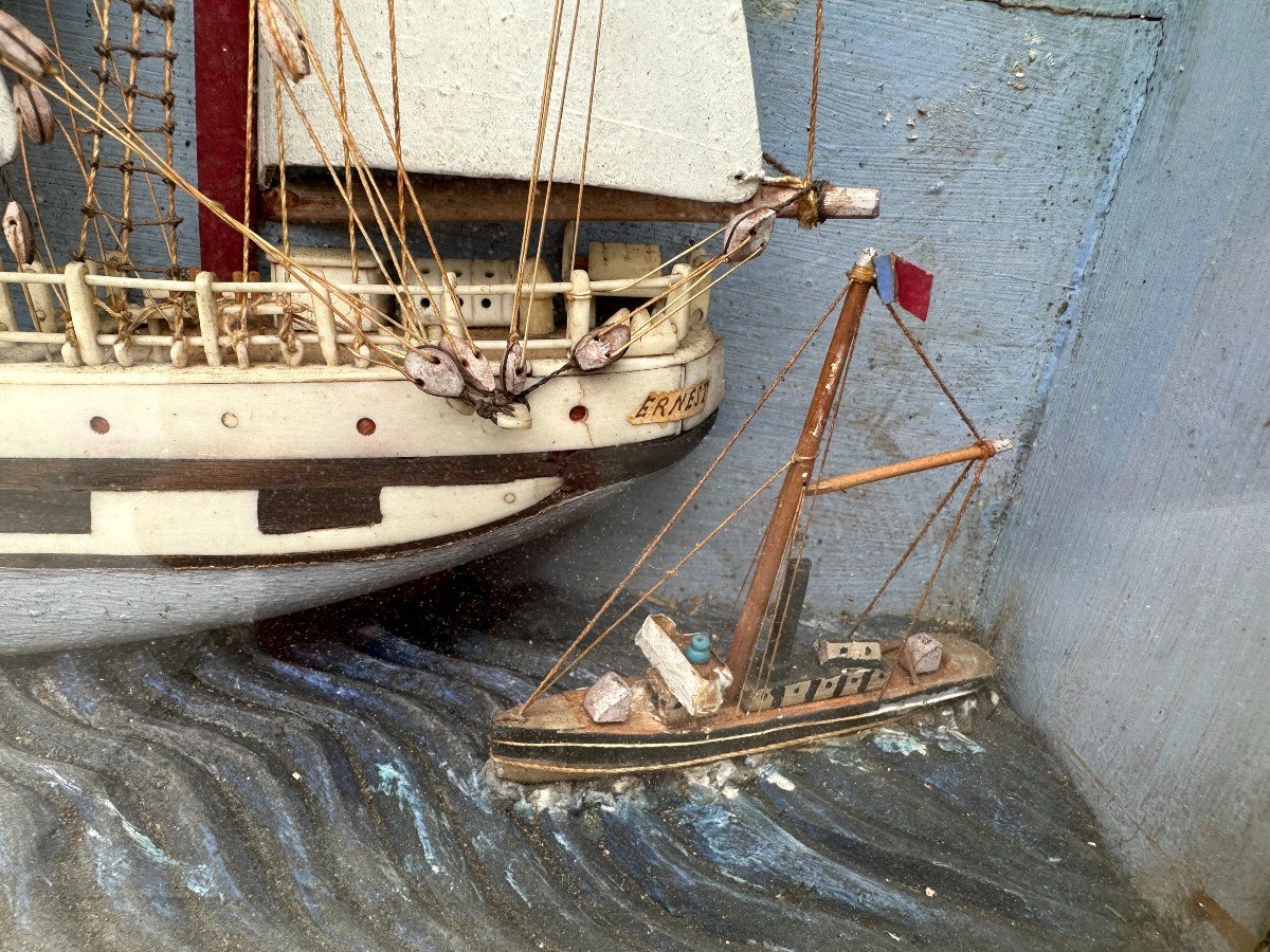 Large Diorama Four-masted Sailboat Sails In Bone And Hull Exotic Woods Nineteenth Century-photo-5