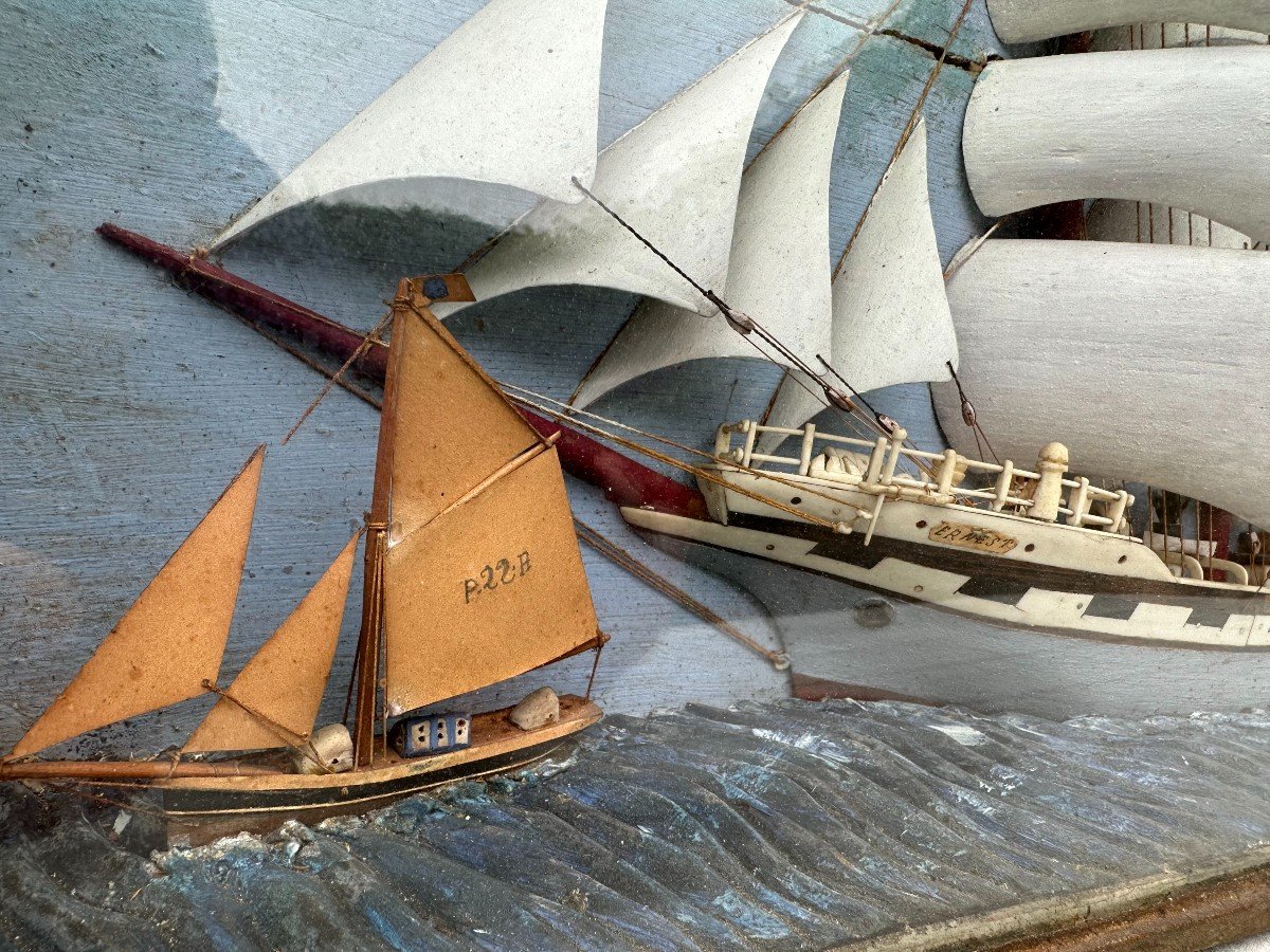 Large Diorama Four-masted Sailboat Sails In Bone And Hull Exotic Woods Nineteenth Century-photo-6